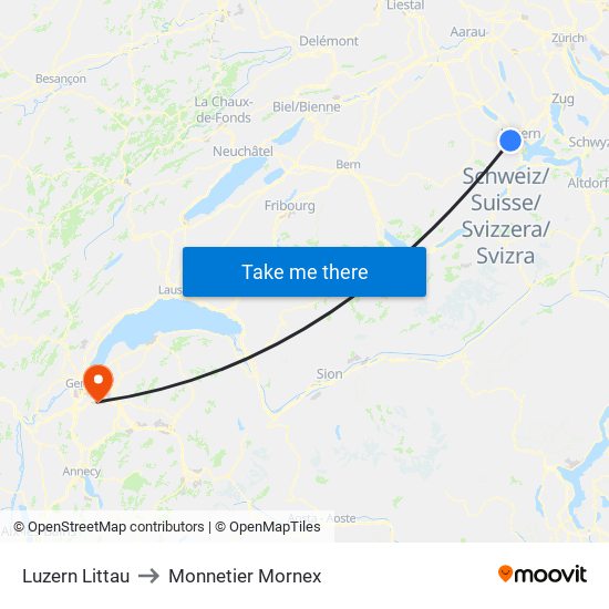 Luzern Littau to Monnetier Mornex map