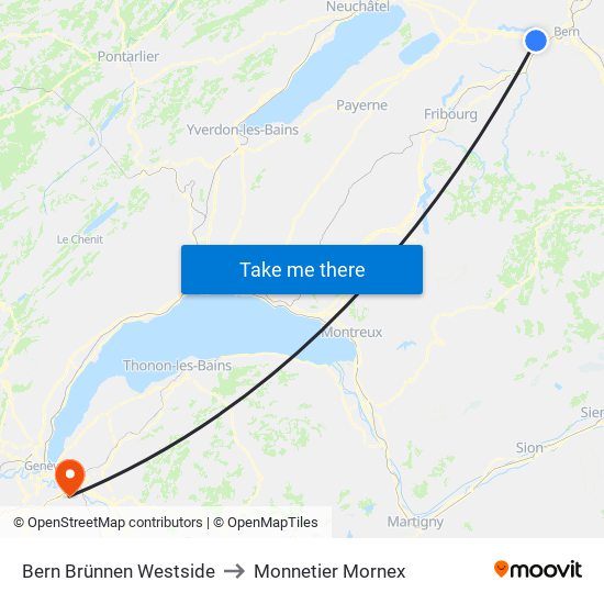 Bern Brünnen Westside to Monnetier Mornex map