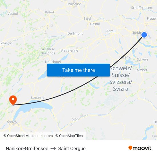 Nänikon-Greifensee to Saint Cergue map