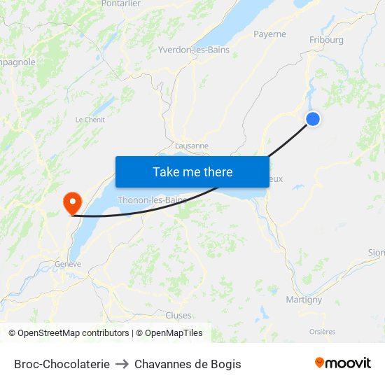 Broc-Chocolaterie to Chavannes de Bogis map