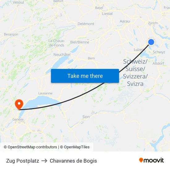 Zug Postplatz to Chavannes de Bogis map