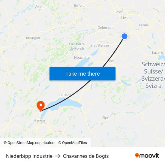 Niederbipp Industrie to Chavannes de Bogis map