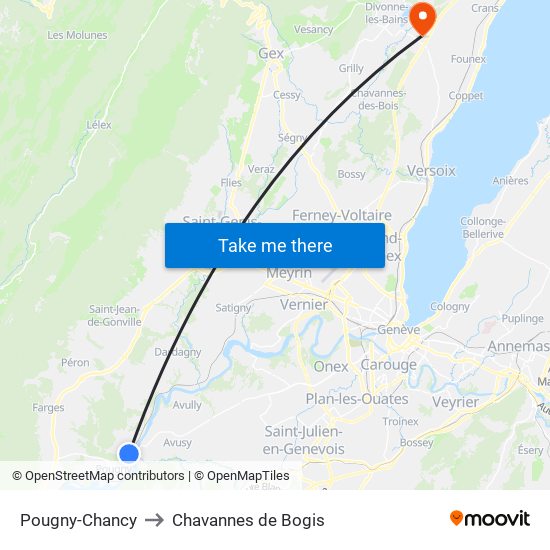 Pougny-Chancy to Chavannes de Bogis map