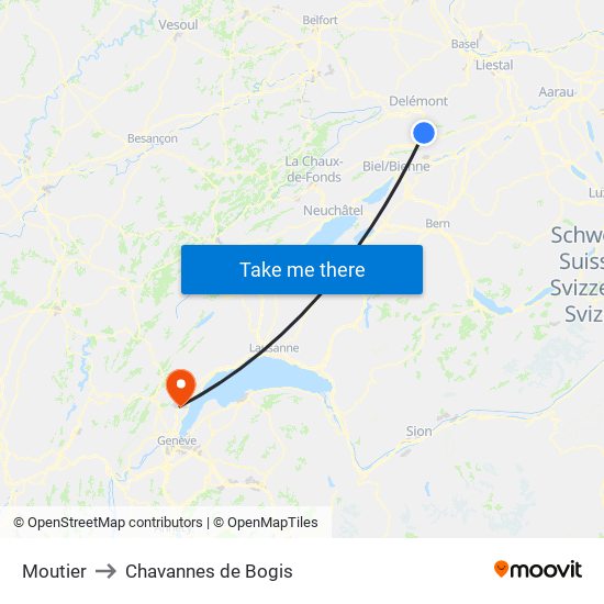 Moutier to Chavannes de Bogis map