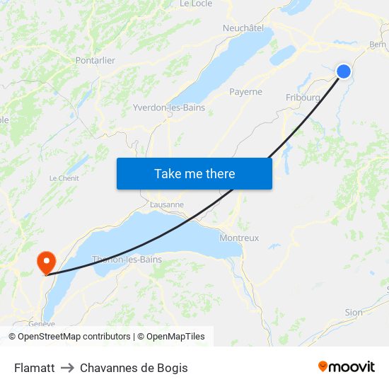 Flamatt to Chavannes de Bogis map