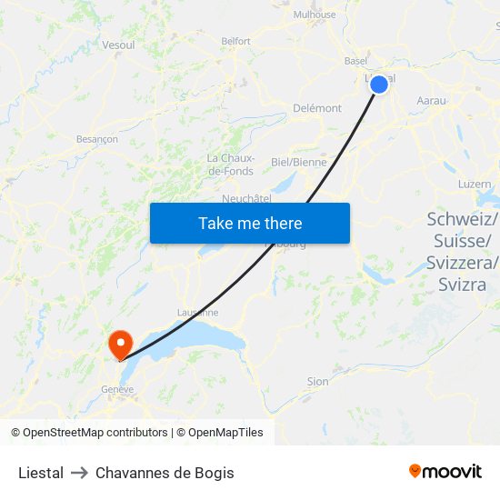 Liestal to Chavannes de Bogis map