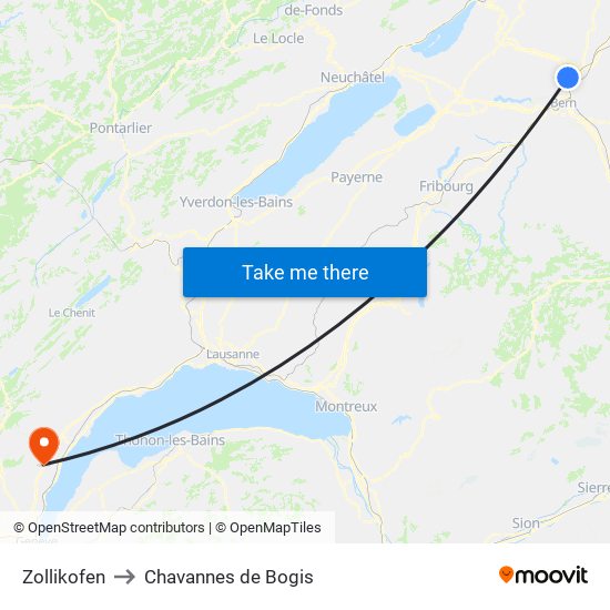 Zollikofen to Chavannes de Bogis map