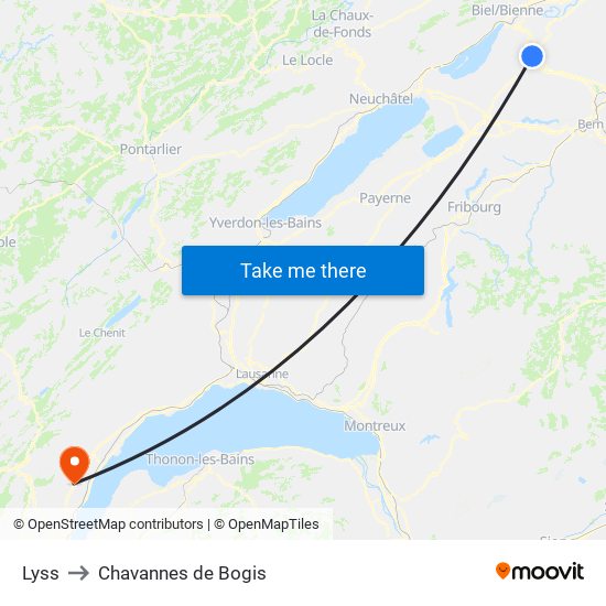 Lyss to Chavannes de Bogis map