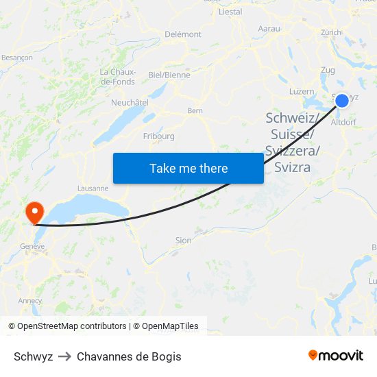 Schwyz to Chavannes de Bogis map