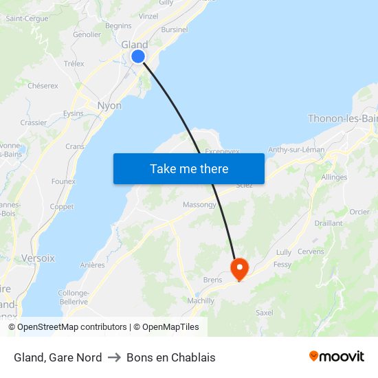 Gland, Gare Nord to Bons en Chablais map