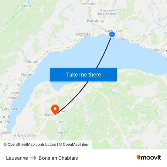 Lausanne to Bons en Chablais map