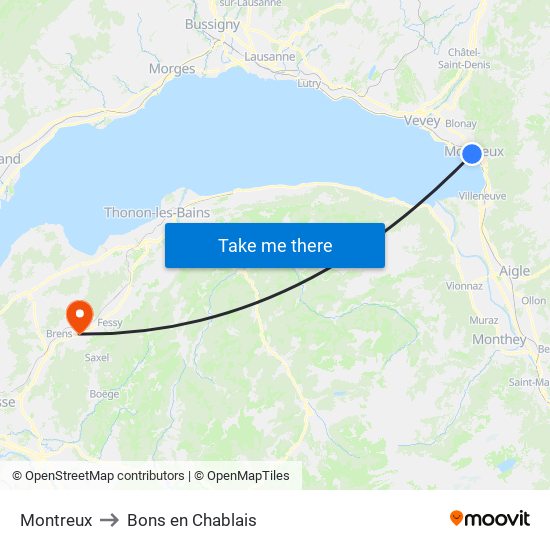 Montreux to Bons en Chablais map