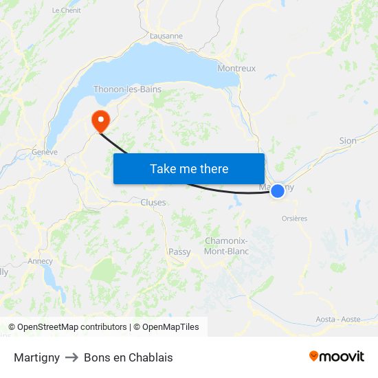 Martigny to Bons en Chablais map