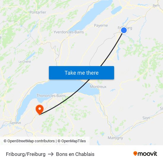 Fribourg/Freiburg to Bons en Chablais map