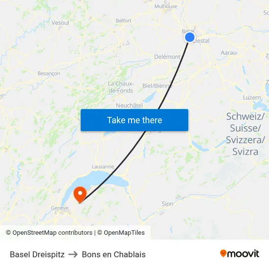 Basel Dreispitz to Bons en Chablais map