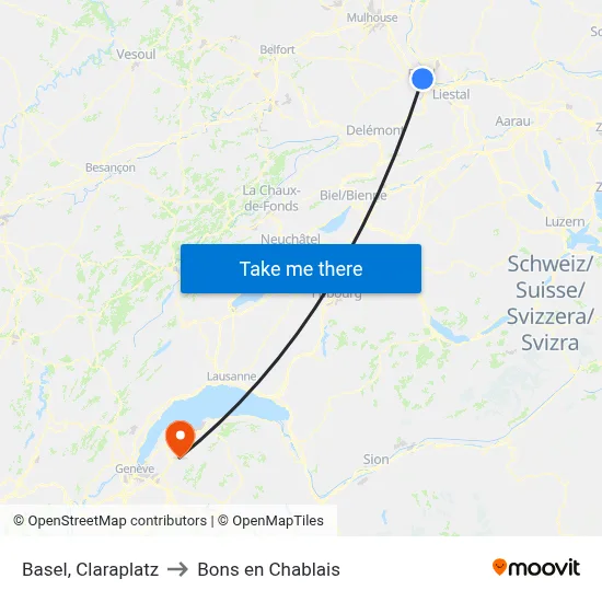 Basel, Claraplatz to Bons en Chablais map