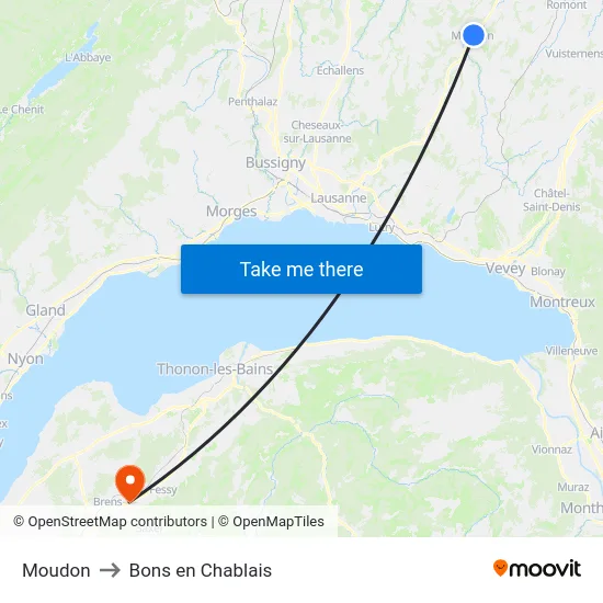 Moudon to Bons en Chablais map