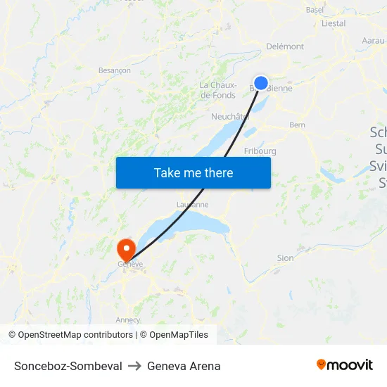 Sonceboz-Sombeval to Geneva Arena map
