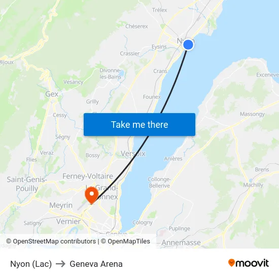 Nyon (Lac) to Geneva Arena map
