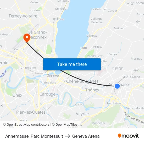 Annemasse, Parc Montessuit to Geneva Arena map