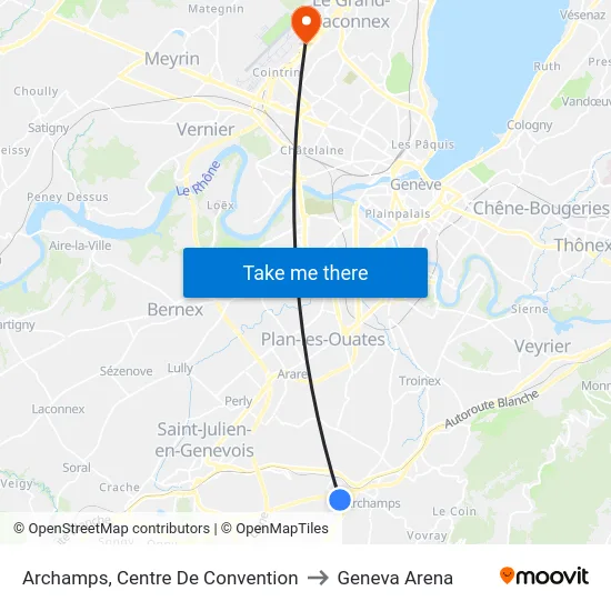 Archamps, Centre De Convention to Geneva Arena map