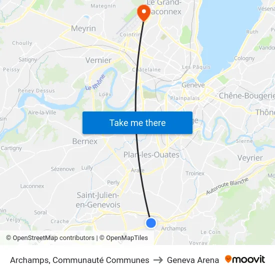 Archamps, Communauté Communes to Geneva Arena map