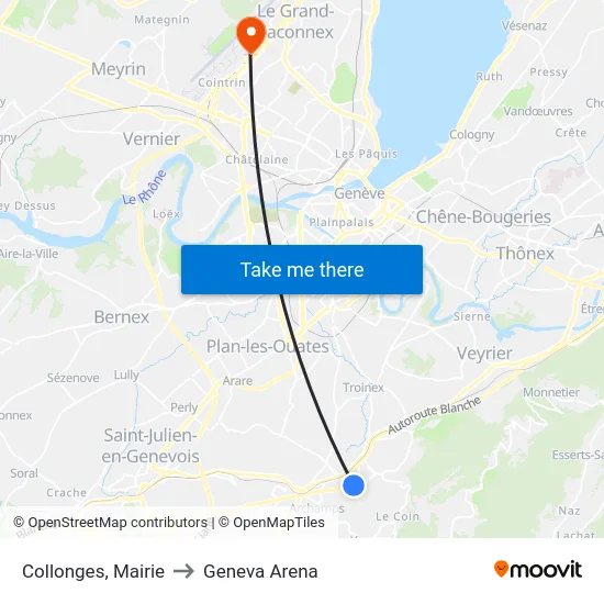 Collonges, Mairie to Geneva Arena map