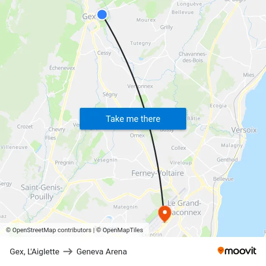 Gex, L'Aiglette to Geneva Arena map