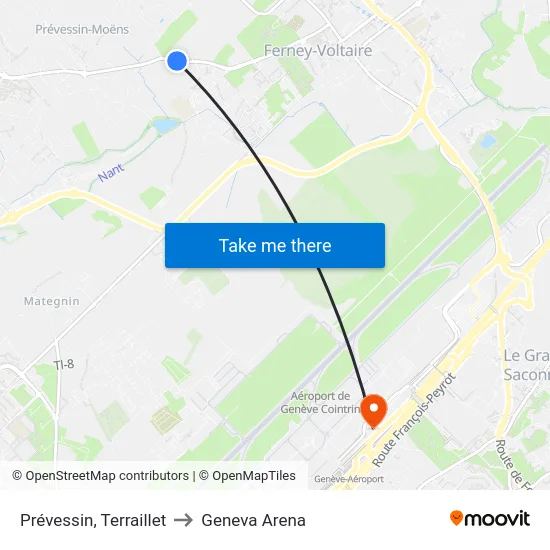 Prévessin, Terraillet to Geneva Arena map
