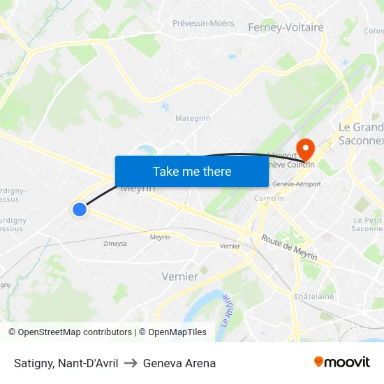 Satigny, Nant-D'Avril to Geneva Arena map