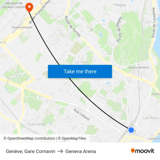 Genève, Gare Cornavin to Geneva Arena map