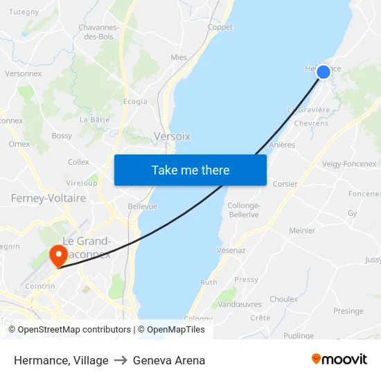 Hermance (Lac) to Geneva Arena map