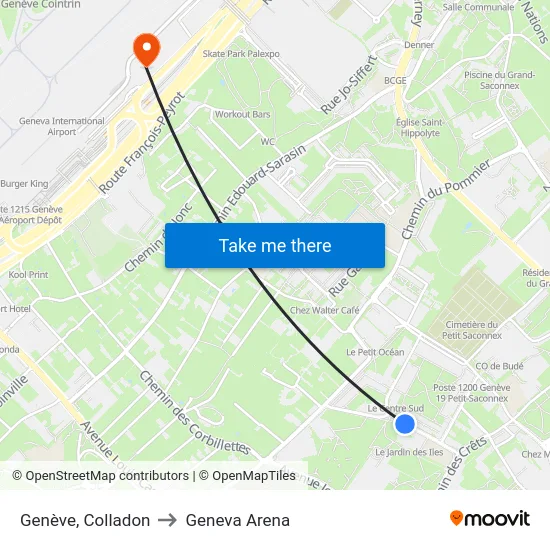 Genève, Colladon to Geneva Arena map
