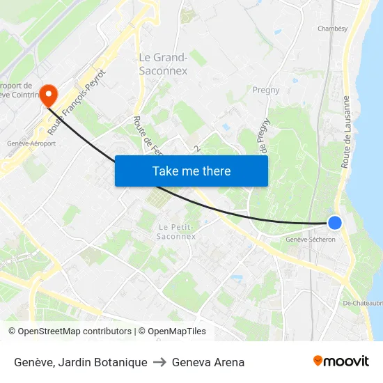 Genève, Jardin Botanique to Geneva Arena map