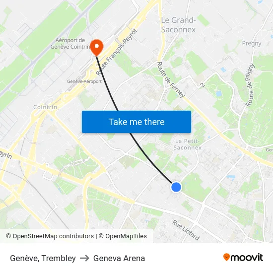 Genève, Trembley to Geneva Arena map