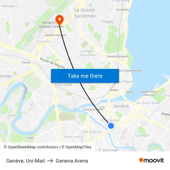 Genève, Uni-Mail to Geneva Arena map