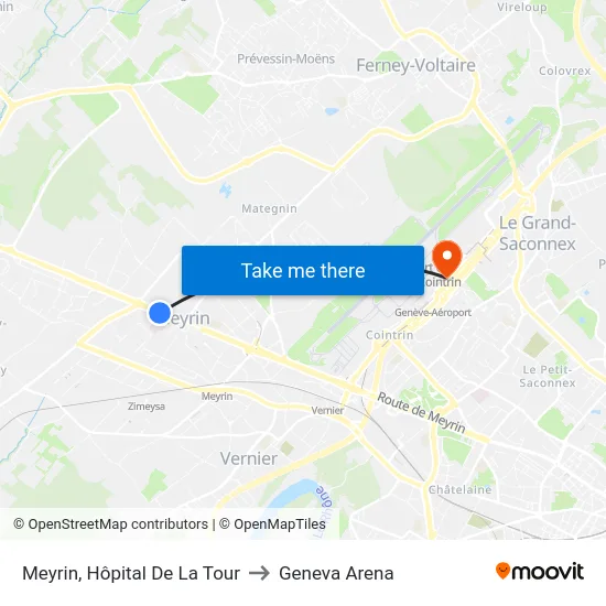 Meyrin, Hôpital De La Tour to Geneva Arena map