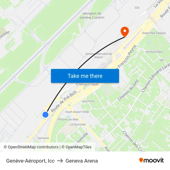 Genève-Aéroport, Icc to Geneva Arena map