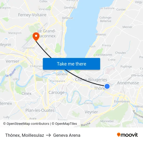 Thônex, Moillesulaz to Geneva Arena map