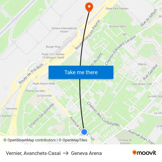 Vernier, Avanchets-Casaï to Geneva Arena map