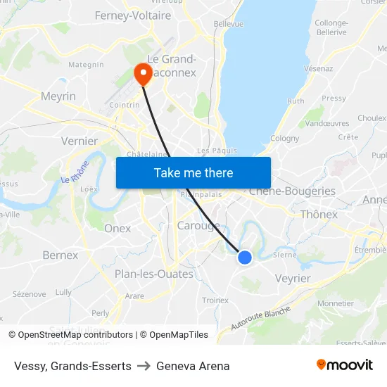 Vessy, Grands-Esserts to Geneva Arena map