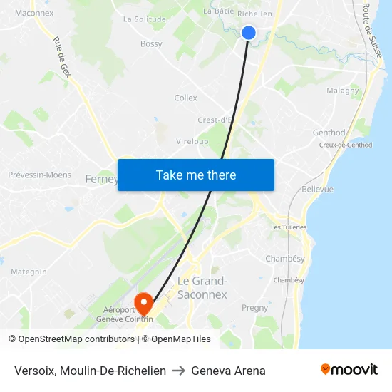 Versoix, Moulin-De-Richelien to Geneva Arena map
