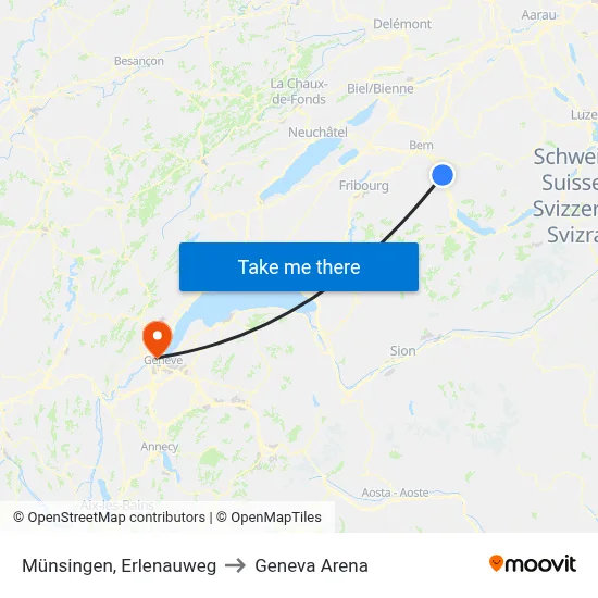 Münsingen, Erlenauweg to Geneva Arena map