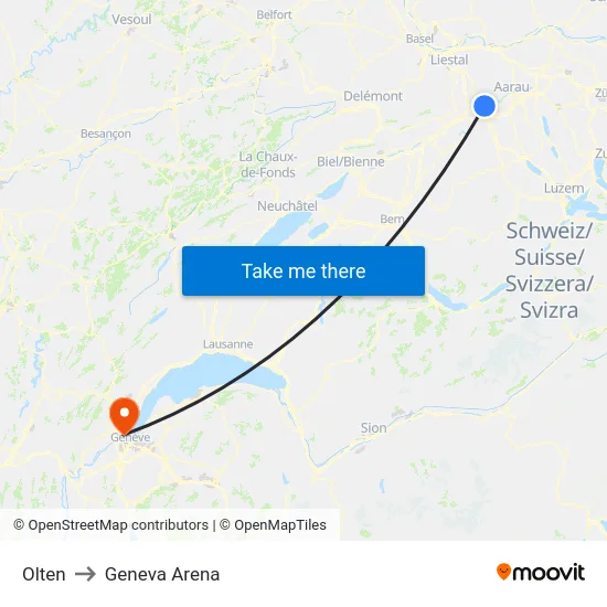 Olten to Geneva Arena map