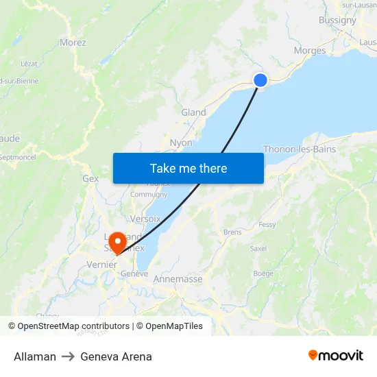 Allaman to Geneva Arena map