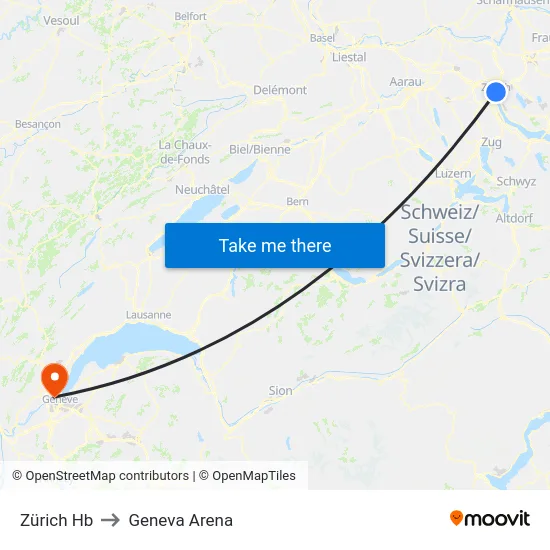 Zürich Hb to Geneva Arena map