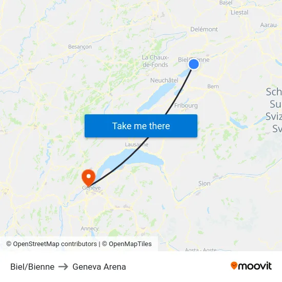 Biel/Bienne to Geneva Arena map