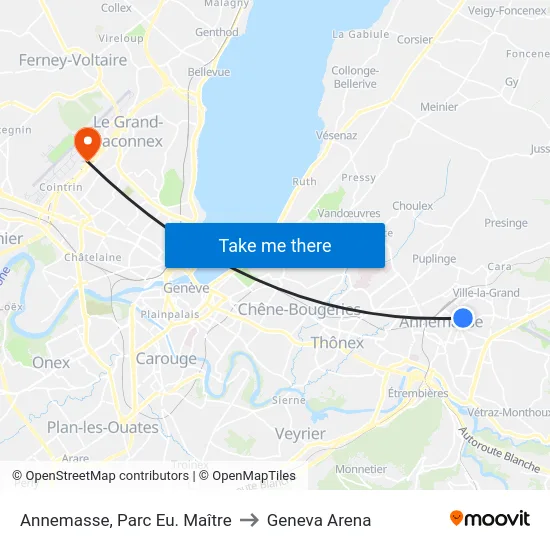 Annemasse, Parc Eu. Maître to Geneva Arena map