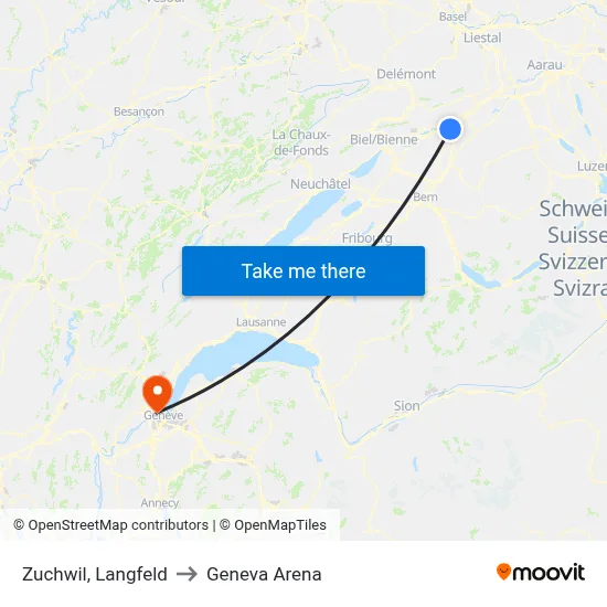 Zuchwil, Langfeld to Geneva Arena map