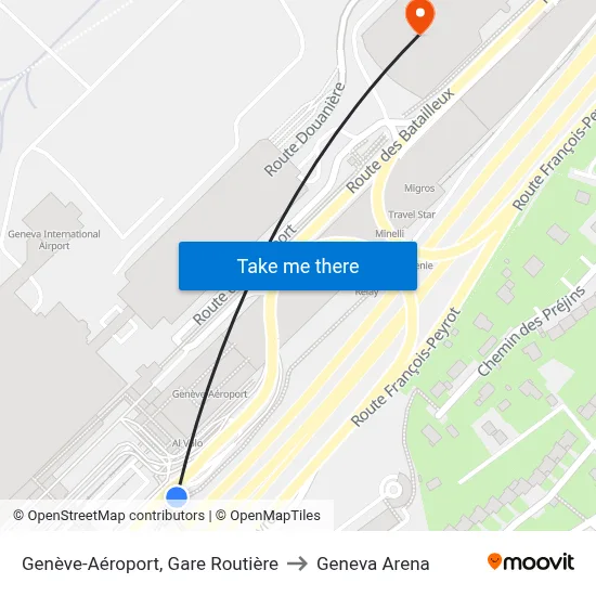 Genève-Aéroport, Gare Routière to Geneva Arena map